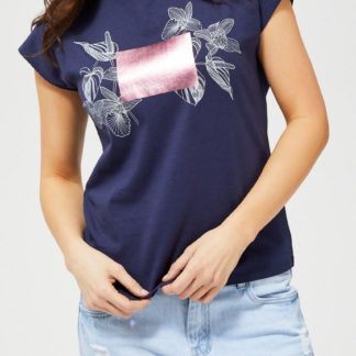 Moodo modré tričko s bílo-růžovým motivem