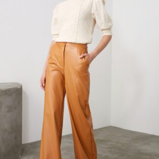 Hořčicové dámské koženkové široké kalhoty Trendyol